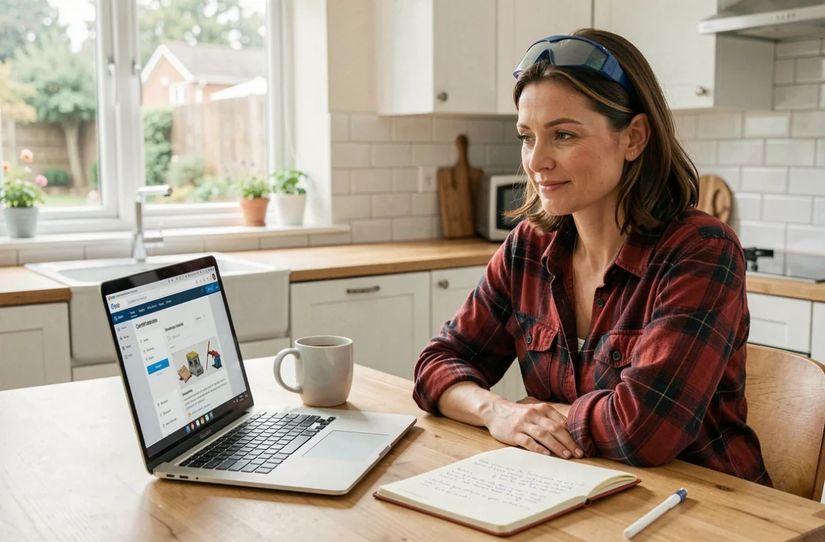 Femme suivant un cours de certification bricolage en ligne sur ordinateur portable depuis son domicile, avec prise de notes manuscrites