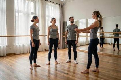 Groupe d'adultes suivant un cours de danse dans une école de danse à Lille avec une professeure