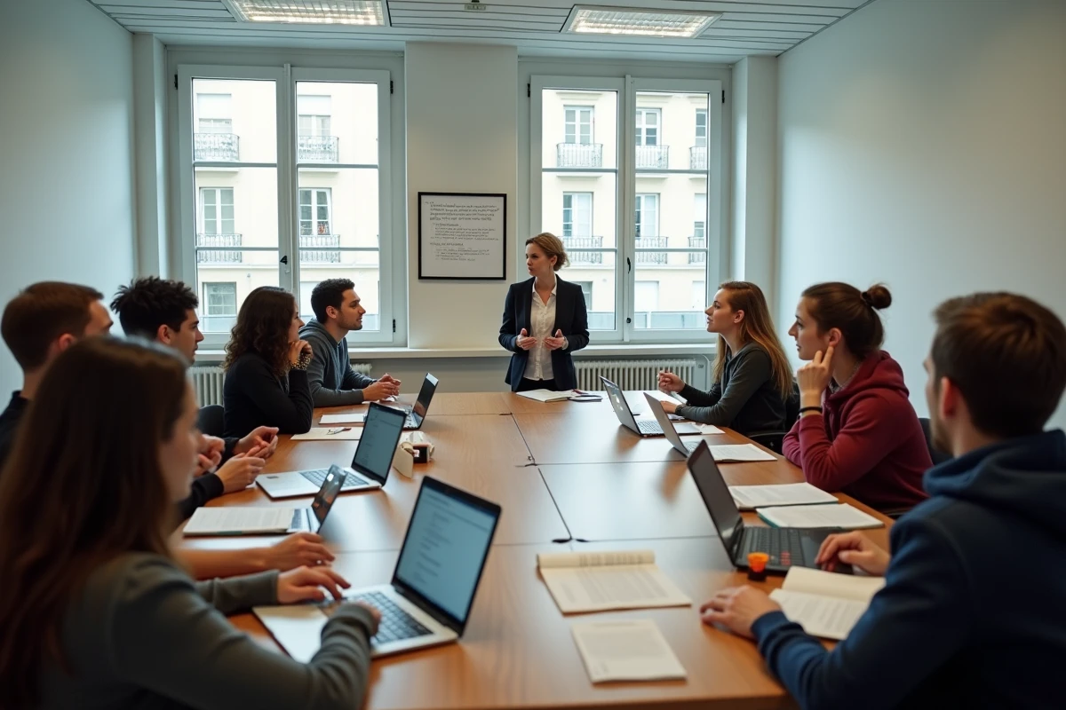 Cours en petits groupes à l'université avec une professeure et des étudiants autour d'une table de séminaire
