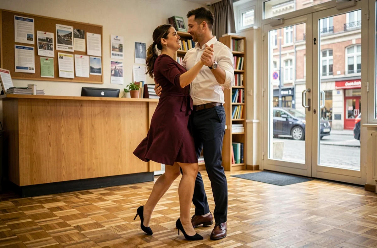 Couple apprenant la salsa dans une école de danse à Lille, ambiance accueillante et conviviale