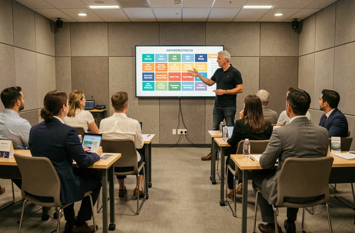 Un formateur Demos animant une session de formation professionnelle multi-secteurs devant un auditoire d'adultes