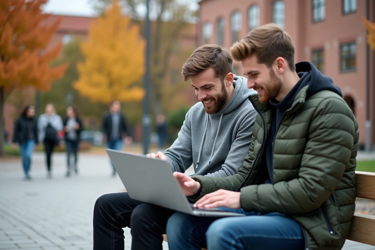 Deux &eacute;tudiants boursiers comparant des offres de r&eacute;duction sur Student Bean depuis un ordinateur portable devant la biblioth&egrave;que universitaire en automne