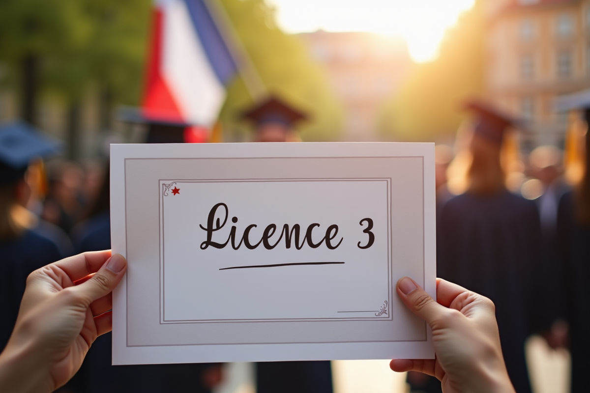 Main tenant un diplôme Licence 3 avec drapeau tricolore en arrière-plan