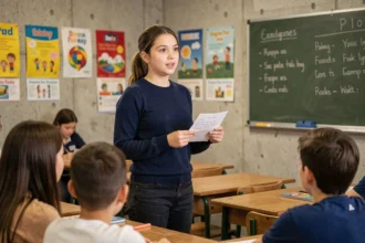Jeune fille qui fait un discours de délégué de classe devant ses camarades dans une salle de cours