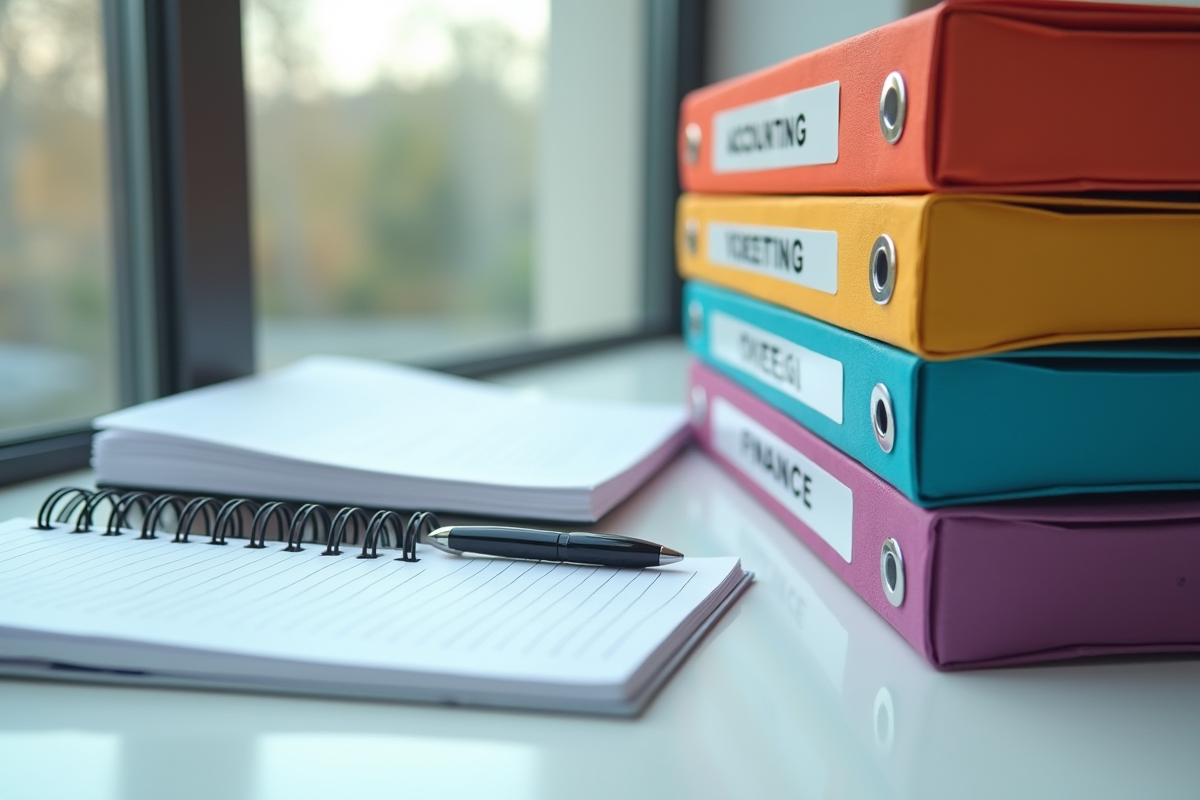 Dossiers comptables colorés avec carnet et stylo sur un bureau lumineux