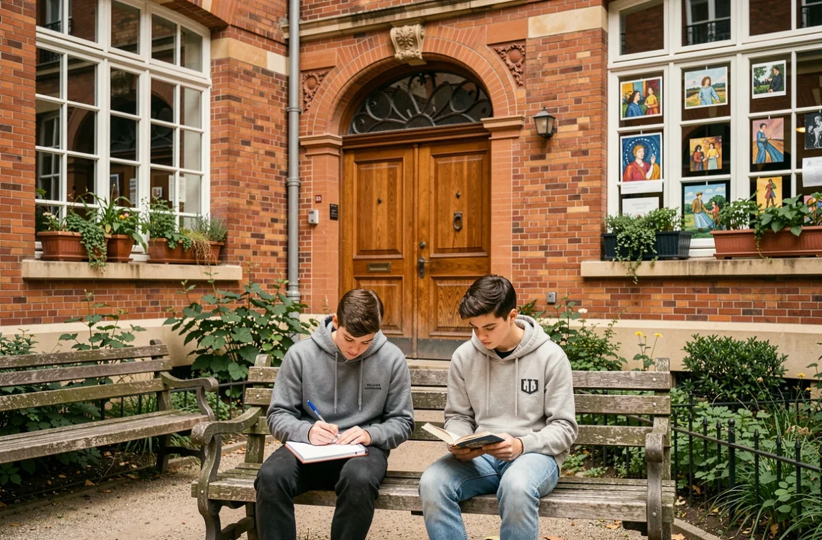 Cour intérieure de l'École Alsacienne à Paris avec des élèves en train de lire et dessiner sur un banc en bois