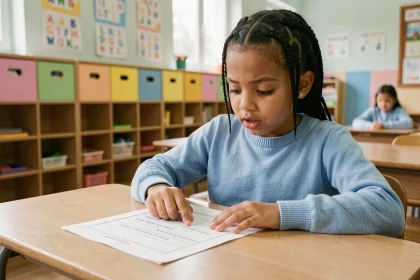 Jeune fille de CE1 lisant à voix haute un texte Fluence imprimé, assise à son bureau en classe