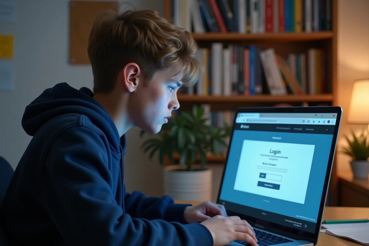 Élève de lycée frustré devant une erreur de connexion sur le portail ENT77 de son établissement scolaire