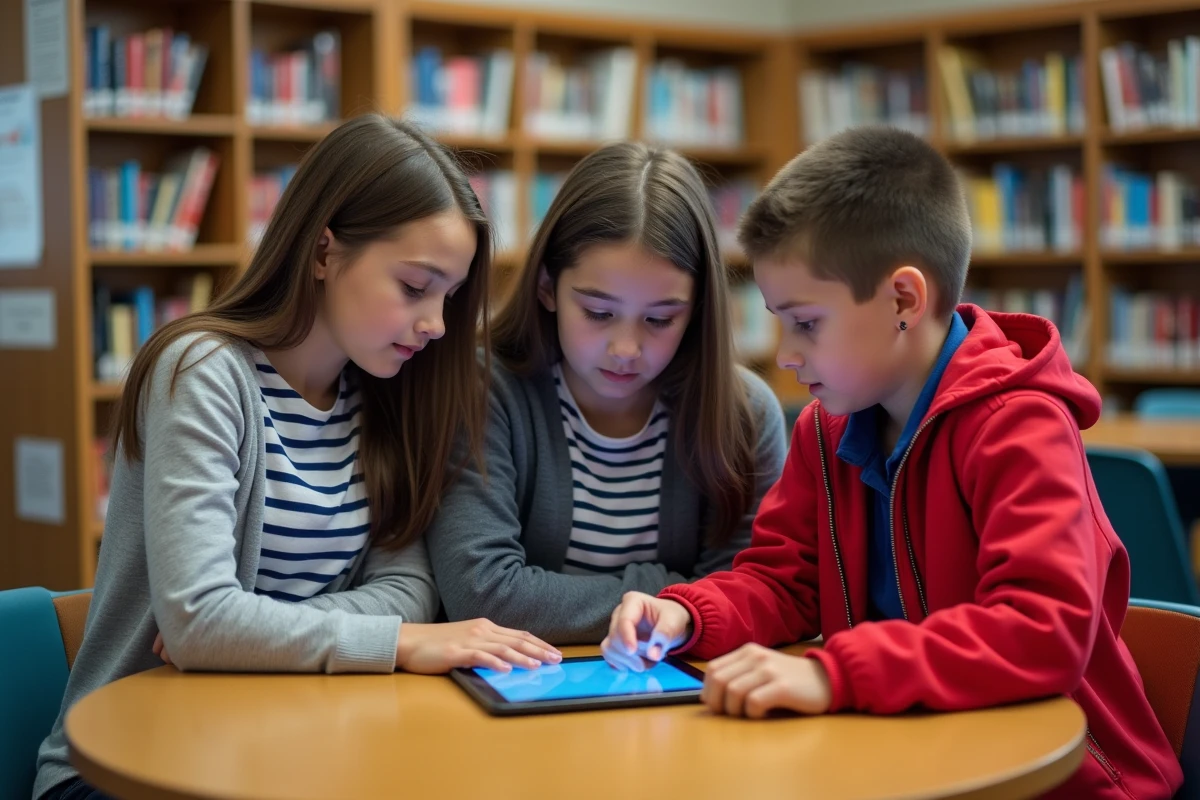 Groupe de collégiens révisant ensemble le code de la route pour l'ASSR sur une tablette en bibliothèque