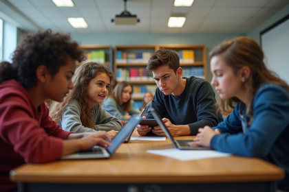 Groupe d'élèves de lycée autour d'une table en classe