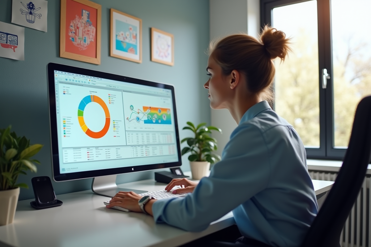 Employe analysant des graphiques de performance au bureau