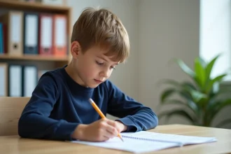 Jeune garçon concentré qui passe un test de QI officiel dans le bureau d'un psychologue scolaire