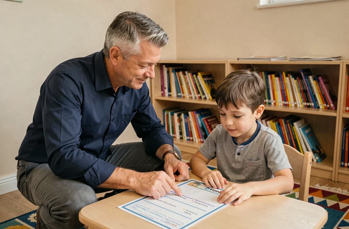 Enseignant accompagnant un élève de CE1 dans l'entraînement à la lecture à voix haute avec une fiche Fluence