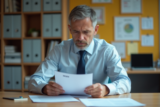 Professeur homme en bureau moderne avec documents MGEN