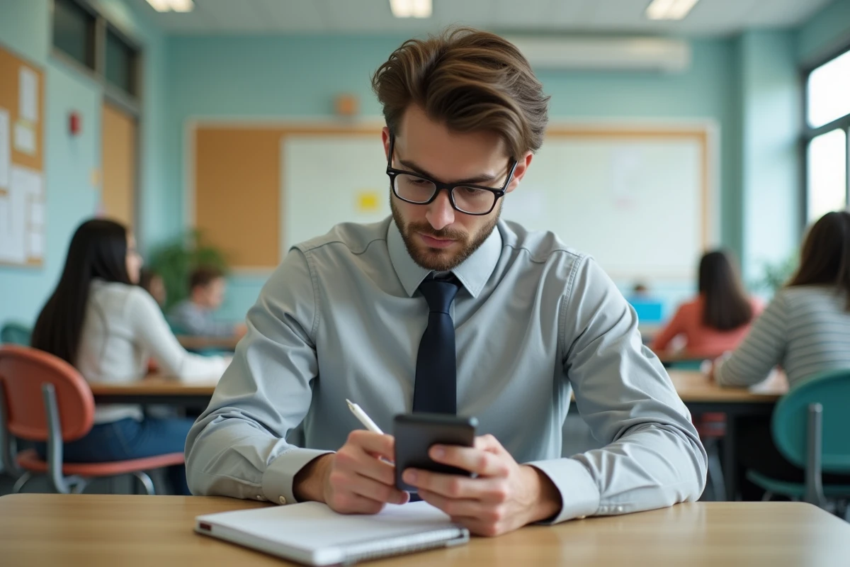 Jeune enseignant dans la salle des enseignants avec smartphone