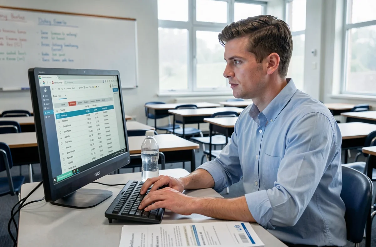 Enseignant saisissant les notes et absences des élèves sur l'interface numérique OZE 92 en salle de classe