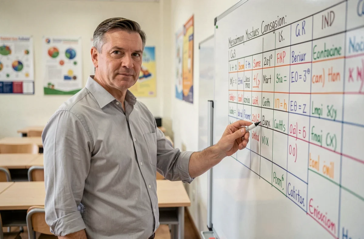 Enseignant expliquant un tableau de conversion des unités de mesure devant un tableau blanc en classe