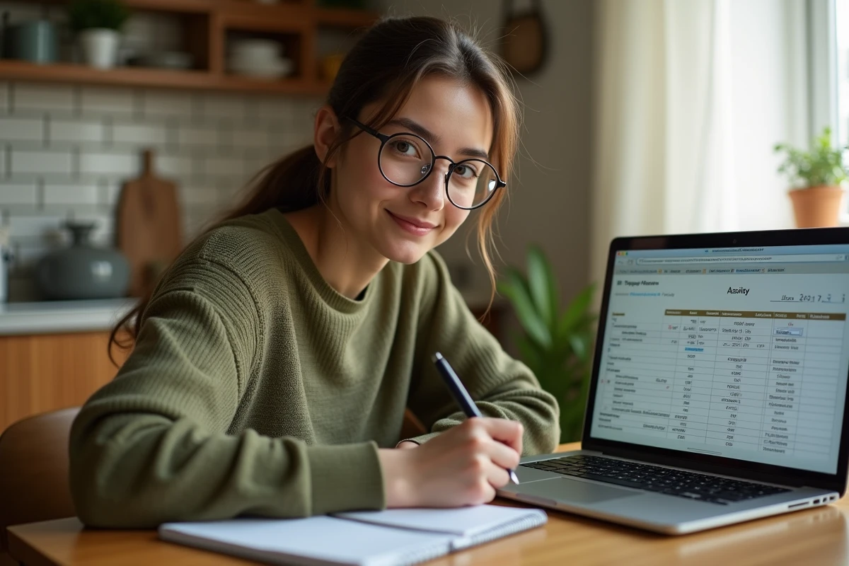 Jeune enseignant à temps partiel calculant son salaire sur un ordinateur portable avec un tableau de suivi des heures à domicile