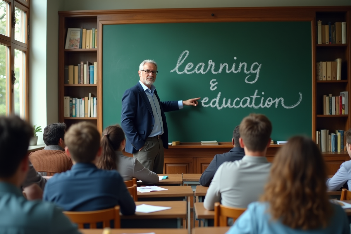 Professeur écrivant des synonymes de apprendre au tableau