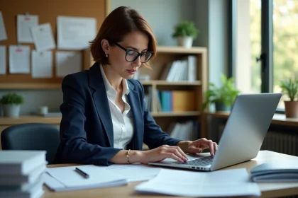 Enseignante d'&acirc;ge moyen dans un bureau scolaire moderne