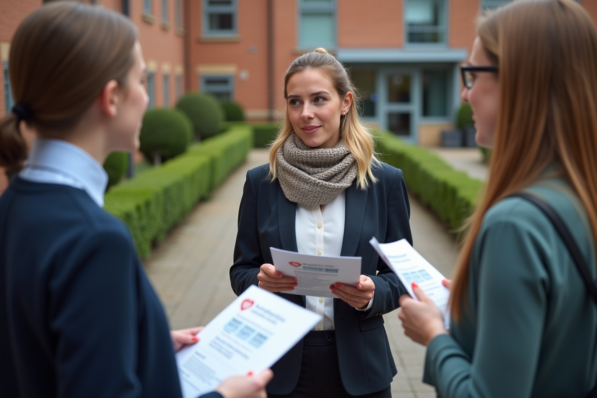 Jeune enseignante discutant avec collègues devant école