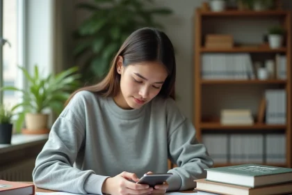 Jeune femme étudiant le TOEIC avec des fiches d'entraînement et une application mobile sur smartphone, assise à un bureau en bois dans un appartement moderne