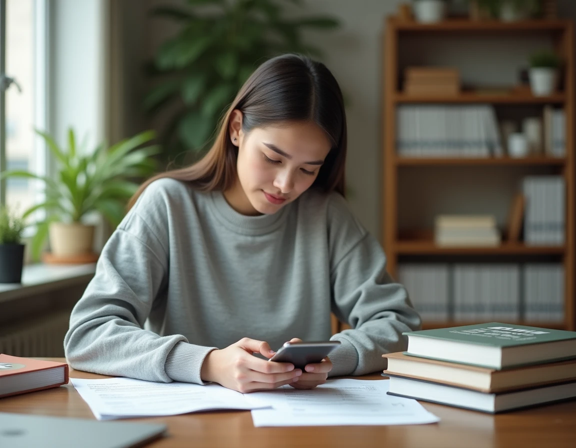 Jeune femme étudiant le TOEIC avec des fiches d'entraînement et une application mobile sur smartphone, assise à un bureau en bois dans un appartement moderne