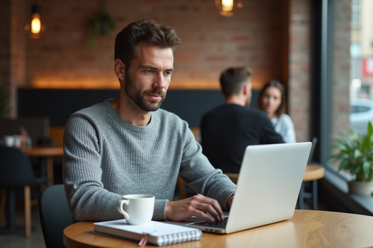 Entrepreneur masculin comparant les prix d'abonnement à un magazine de formation business dans un café moderne avec son ordinateur portable