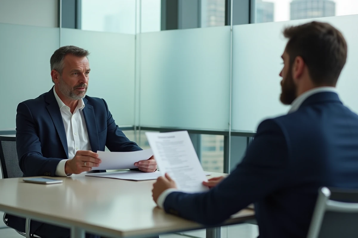 Homme en entretien d'orientation professionnelle avec un conseiller dans un bureau moderne