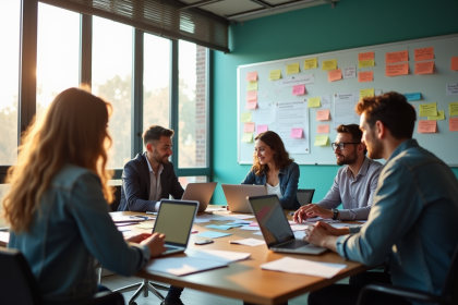 Equipe créative en réunion dans un bureau moderne