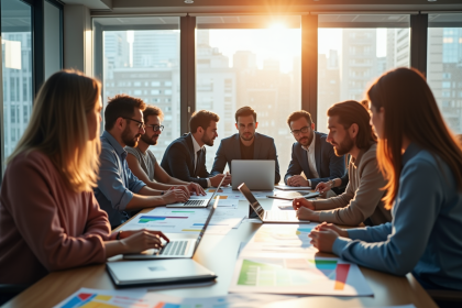 Equipe diversifiee en réunion dans un bureau moderne pour l'amelioration des processus