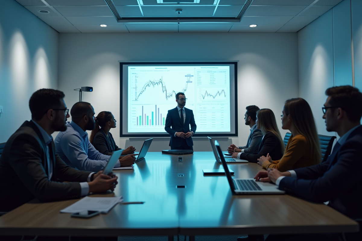 Equipe diverse en réunion avec un directeur financier et graphiques