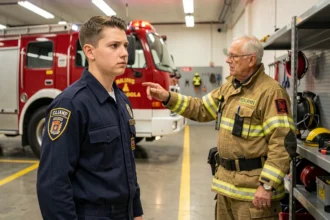 Jeune pompier recruté recevant des instructions d'un chef de caserne expérimenté devant un véhicule d'incendie rouge