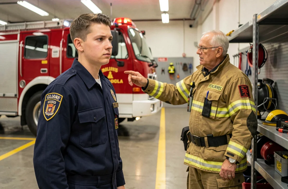 Jeune pompier recruté recevant des instructions d'un chef de caserne expérimenté devant un véhicule d'incendie rouge