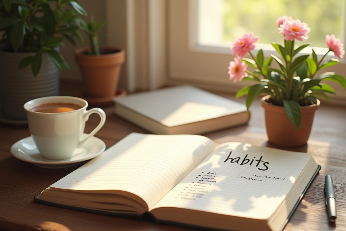 Espace de travail cosy avec journal et plante en lumière naturelle