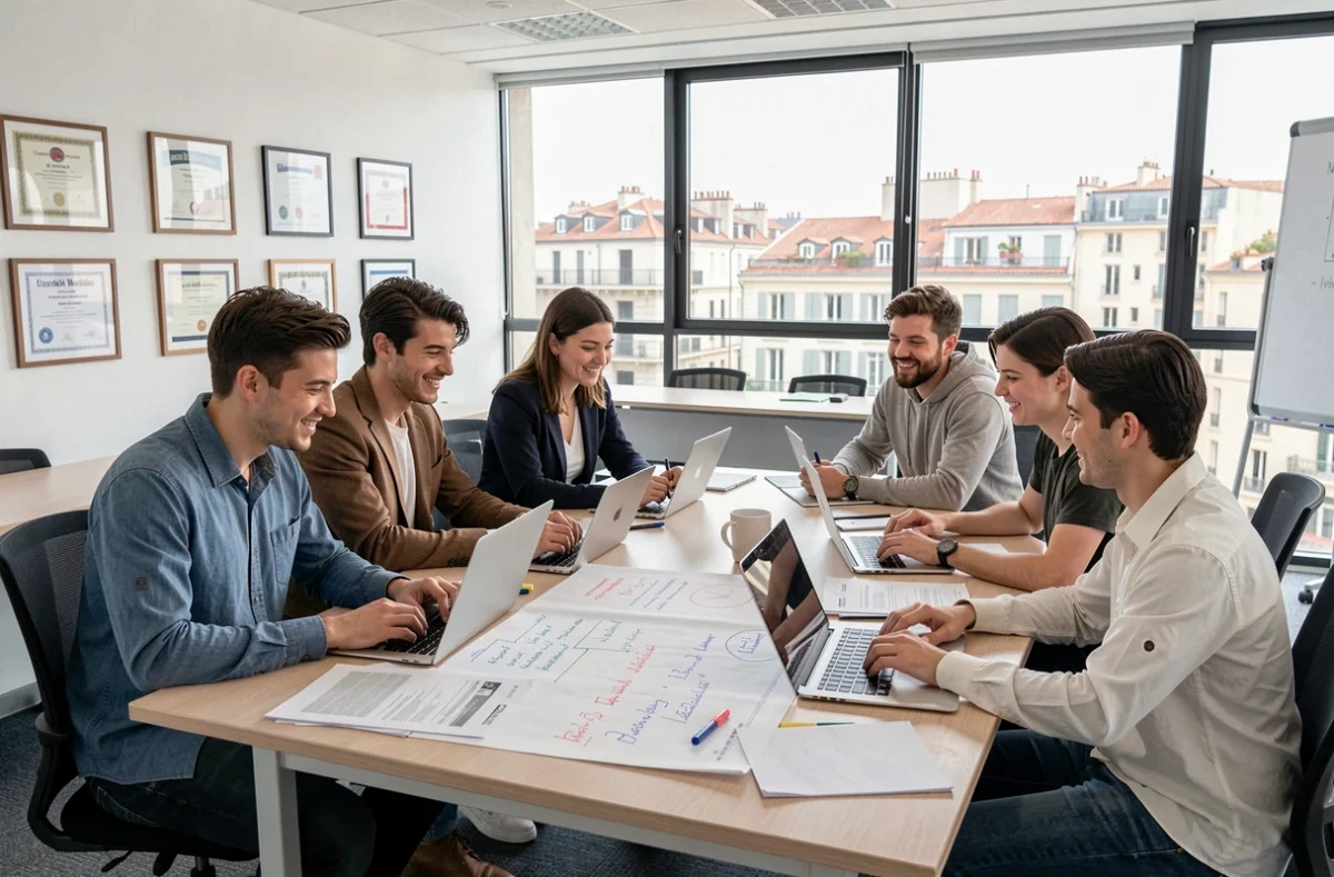 Étudiants en groupe de travail dans une salle de cours moderne de l'ESUP Group à Marseille
