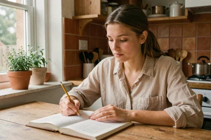 Jeune femme étudiant la conjugaison du verbe manger dans un livre de grammaire française à une table en bois