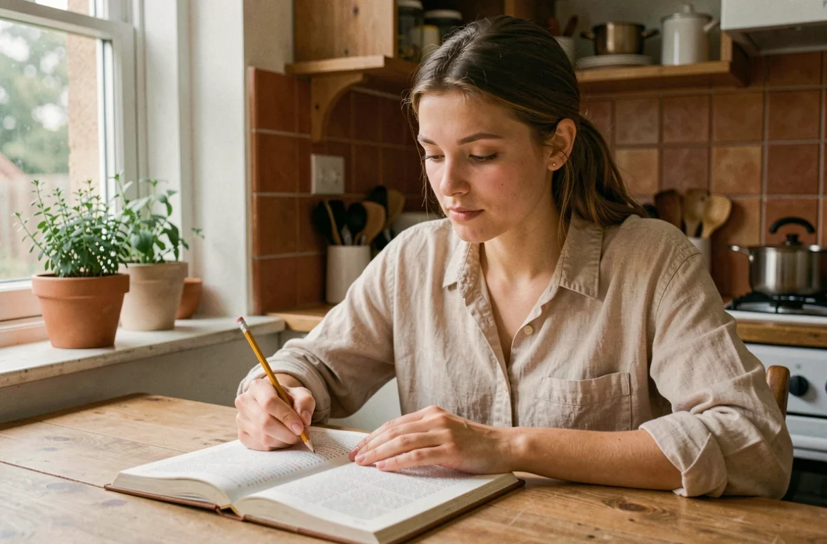 Jeune femme étudiant la conjugaison du verbe manger dans un livre de grammaire française à une table en bois