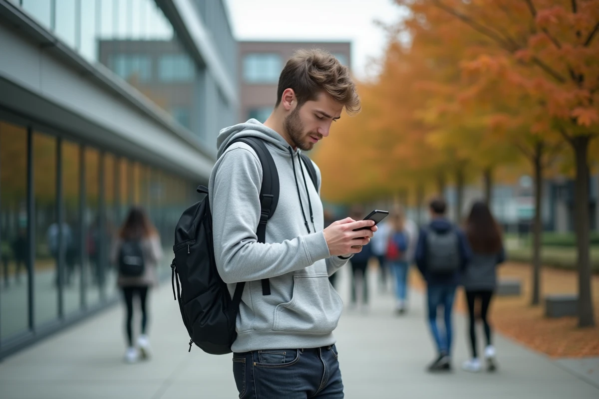 Étudiant en alternance consultant son téléphone devant un campus universitaire pour s'informer sur la CVEC