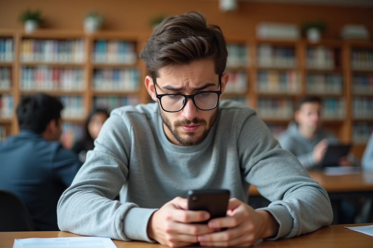 Étudiant consultant son téléphone dans une bibliothèque universitaire face à un problème d'accès à ses cours en ligne
