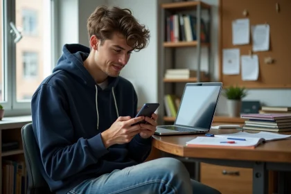 &Eacute;tudiant boursier consultant l'application Student Bean sur son smartphone dans sa chambre universitaire entour&eacute;e de livres et de notes