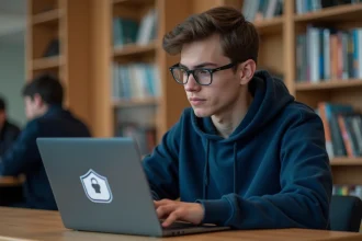 Étudiant universitaire se connectant à l'ENT IUT Angers sur un ordinateur portable sécurisé en bibliothèque