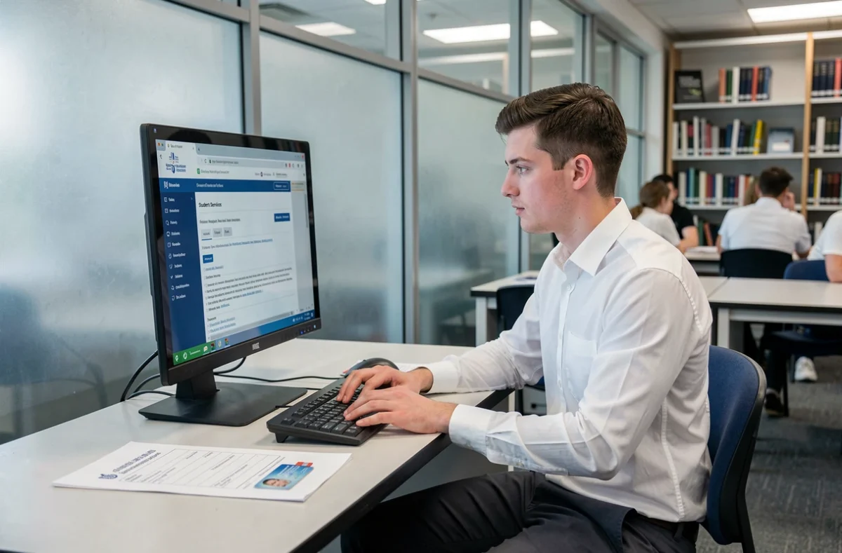 Étudiant consultant les démarches administratives de la CVEC sur un ordinateur de bibliothèque universitaire avec sa carte d'étudiant posée à côté