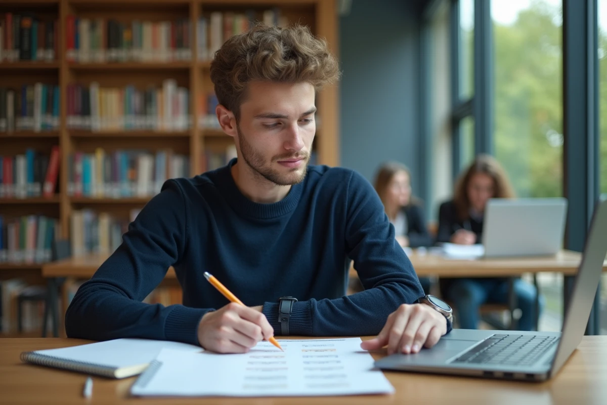 Étudiant consultant son emploi du temps universitaire dans une bibliothèque de l'université d'Angers