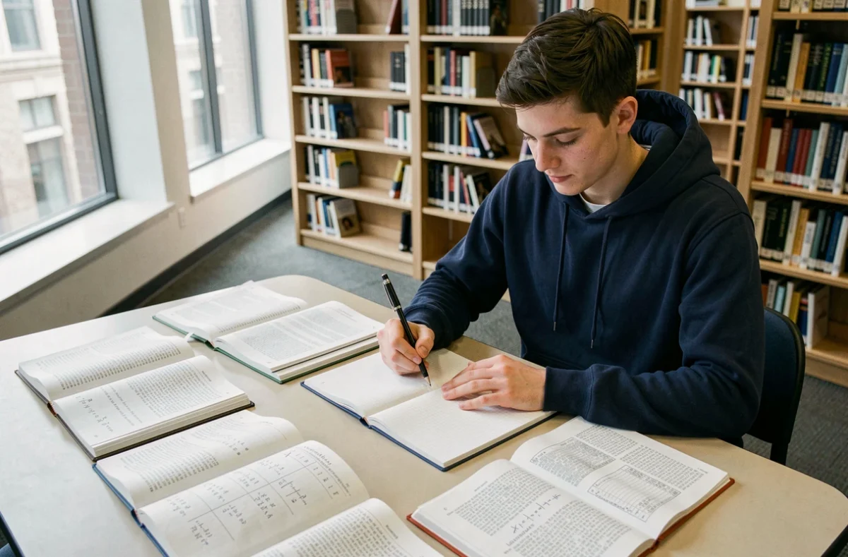 Étudiant masculin travaillant sur des exercices de conversion d'unités de mesure dans une bibliothèque universitaire
