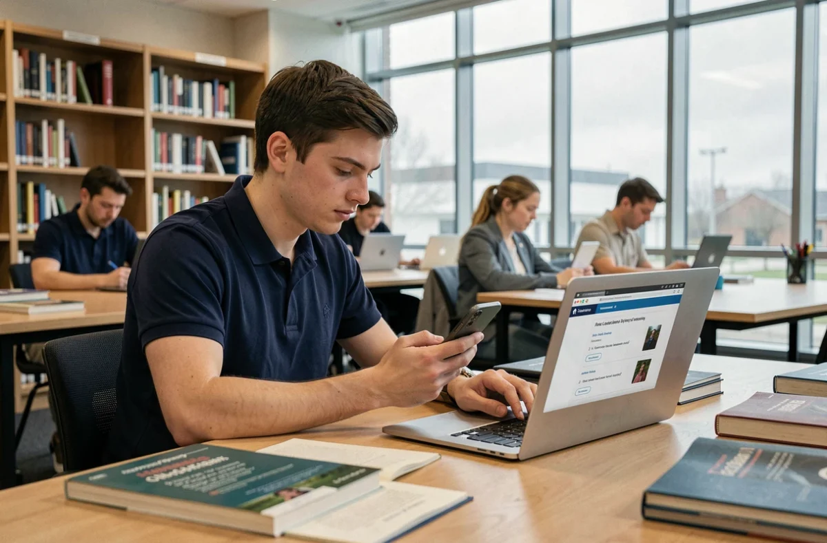 Étudiant suivant les étapes d'inscription sur le campus numérique depuis la bibliothèque universitaire avec smartphone et laptop