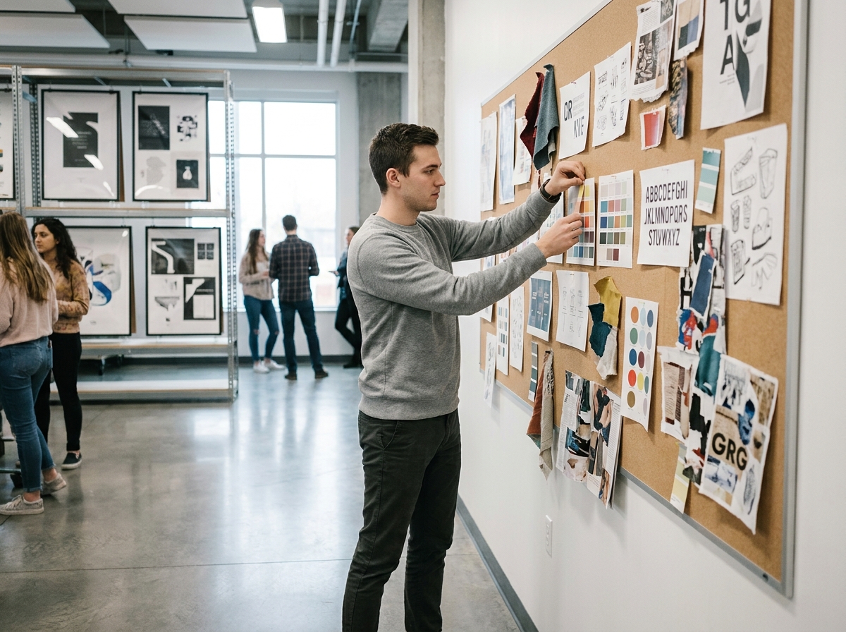 Étudiant organisant un tableau de moodboard en design graphique lors d'une année préparatoire aux arts appliqués