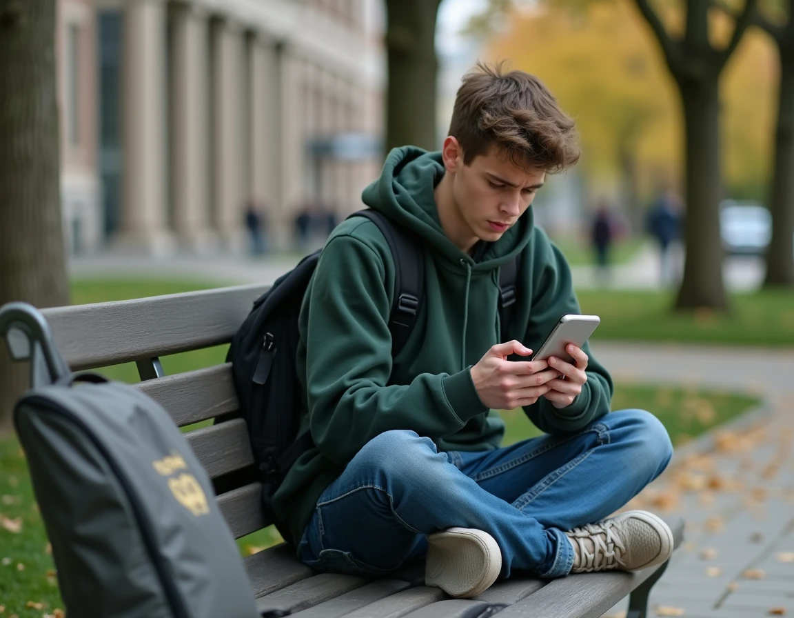Étudiant frustré tentant de se connecter à sa messagerie académique depuis son smartphone en extérieur sur le campus