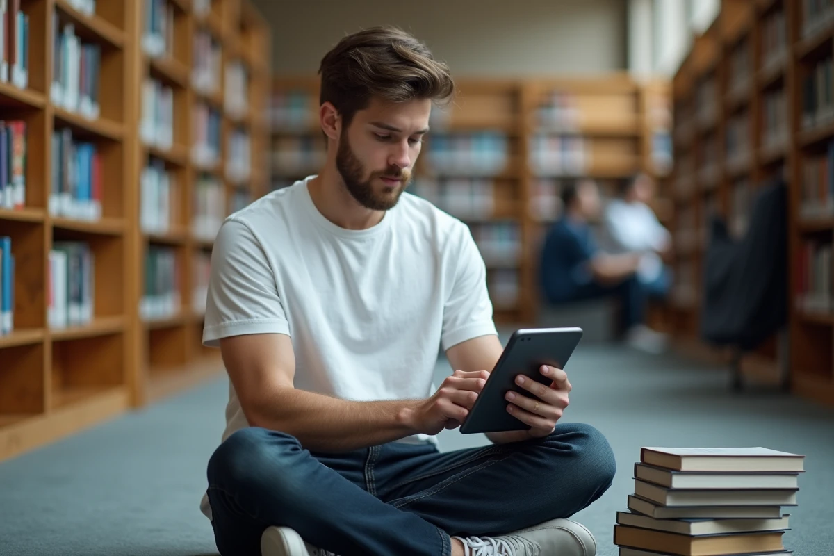 Étudiant consultant son emploi du temps sur une tablette dans une bibliothèque universitaire