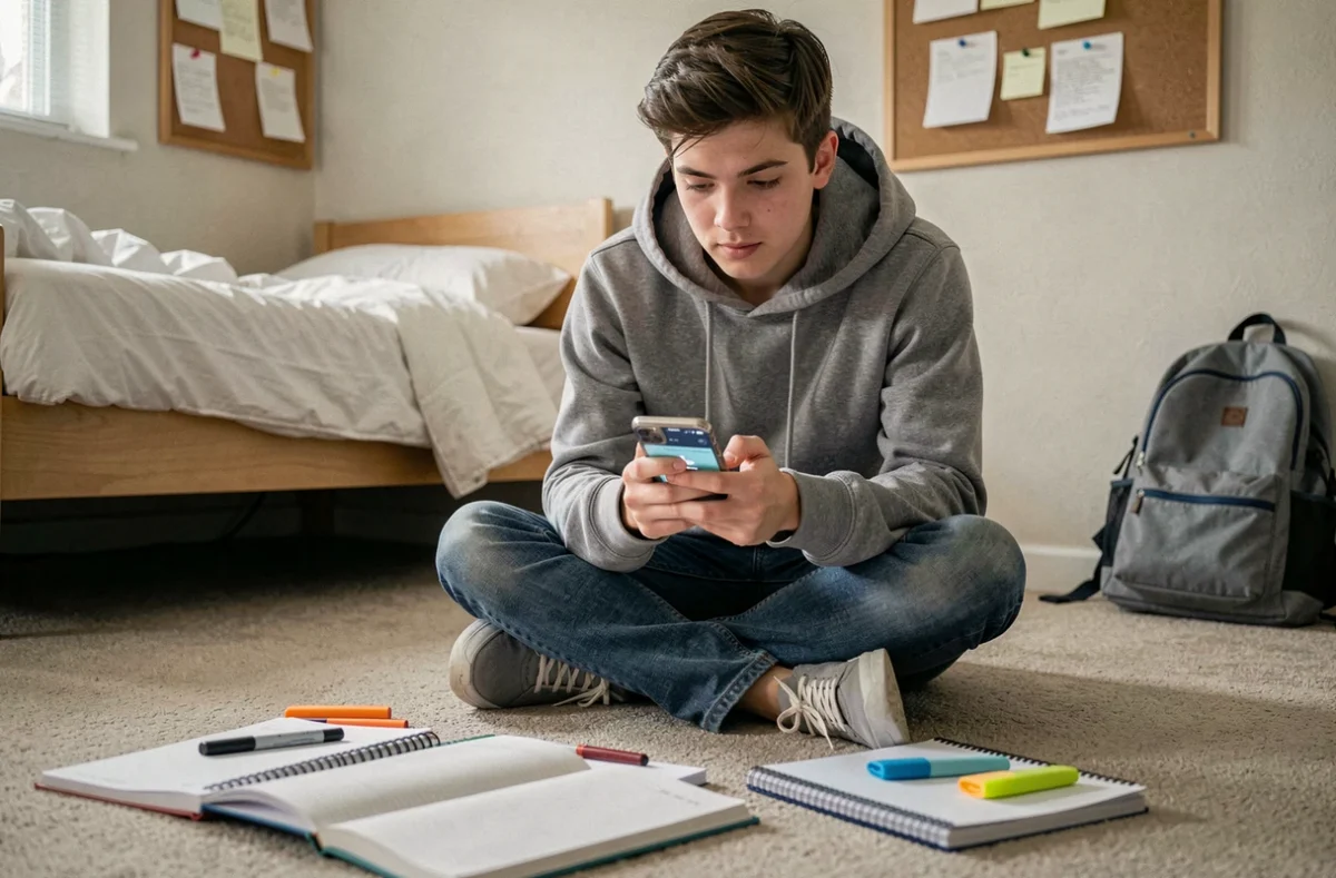Étudiant assis par terre qui passe un test de mémoire sur smartphone entouré de cahiers de révision